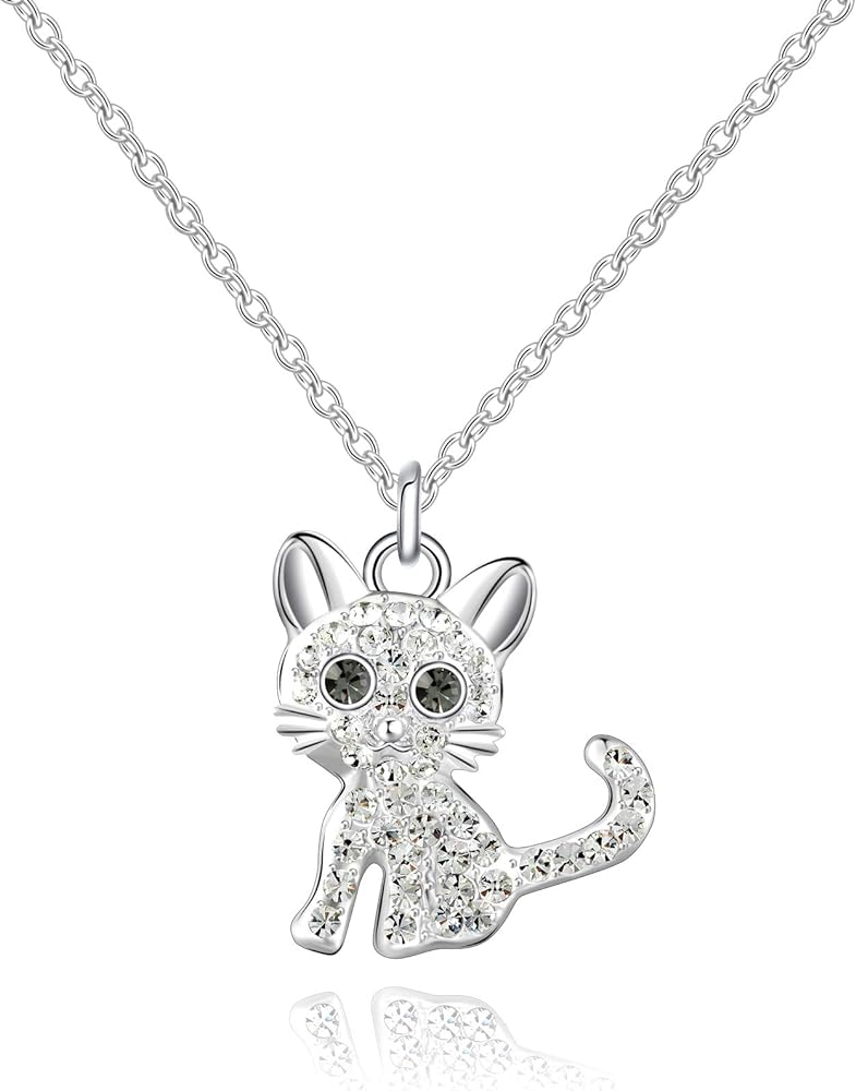 luomart Girls Cat Birthstone Necklaces Jewelry,Silver Plated Kitty Dog Pendant Gifts Set for Women Boys Men