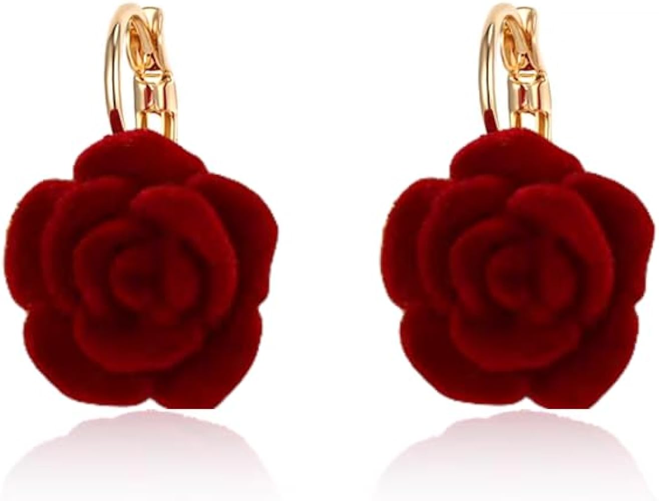 Vintage Flower Hoop Earrings for Women Girls Gold Plated Hypoallergenic Red Velvet Rose Camellia Floral Huggie Hoops Earring Elegant Wedding Holiday Valentine Jewelry Gifts