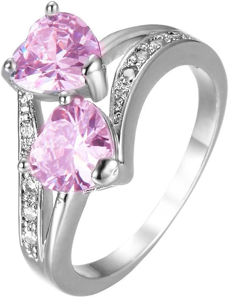 Cubic Zirconia Silver Plated Pink Love Heart Rings for Teen Girls, Trendy Simple Engagement Rings for Women, Wedding Promise Ring for Her Jewelry