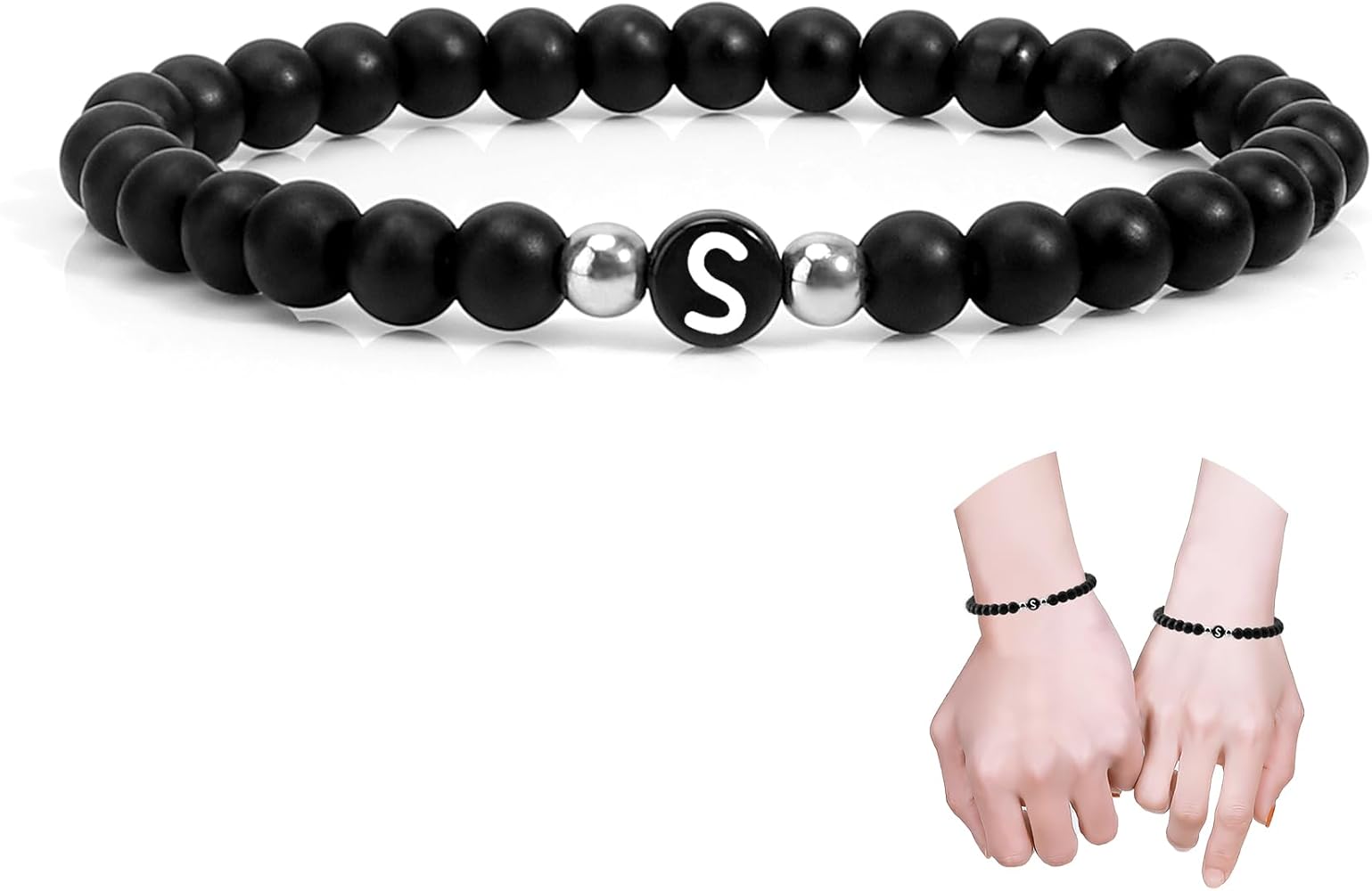 Initial Bracelets for Women Men Couples, Black Onxy Letter A-Z Beads Bracelets for Women