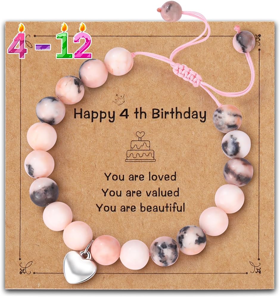 4-12 Year Old Birthday Gifts for Girls, Back to School Adjustable Pink Natural Stone Bracelet with Sweet Heart Charm Christmas Gifts for Teen Girls Daughter Granddaughter Niece