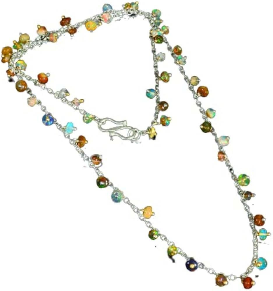 925 Sterling Silver Genuine Ethiopian fire Opal Beaded Chain Necklace Gift Jewelry