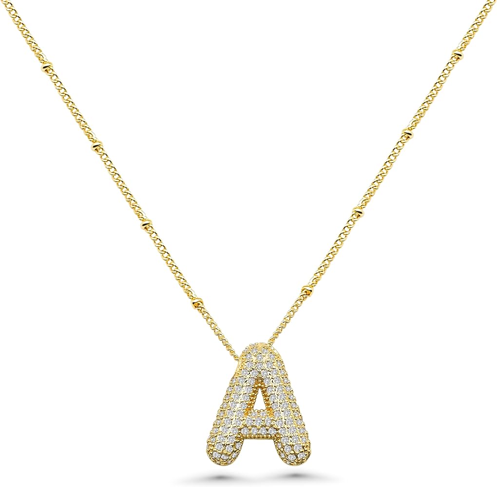 Balloon Initial Necklaces For Women CZ Dainty Bubble Letter Necklace,18k Gold Plated Zircon Balloon Pendant Alphabet Necklaces For Teen Girls Girlfriend Charm Simple Jewelry Gift