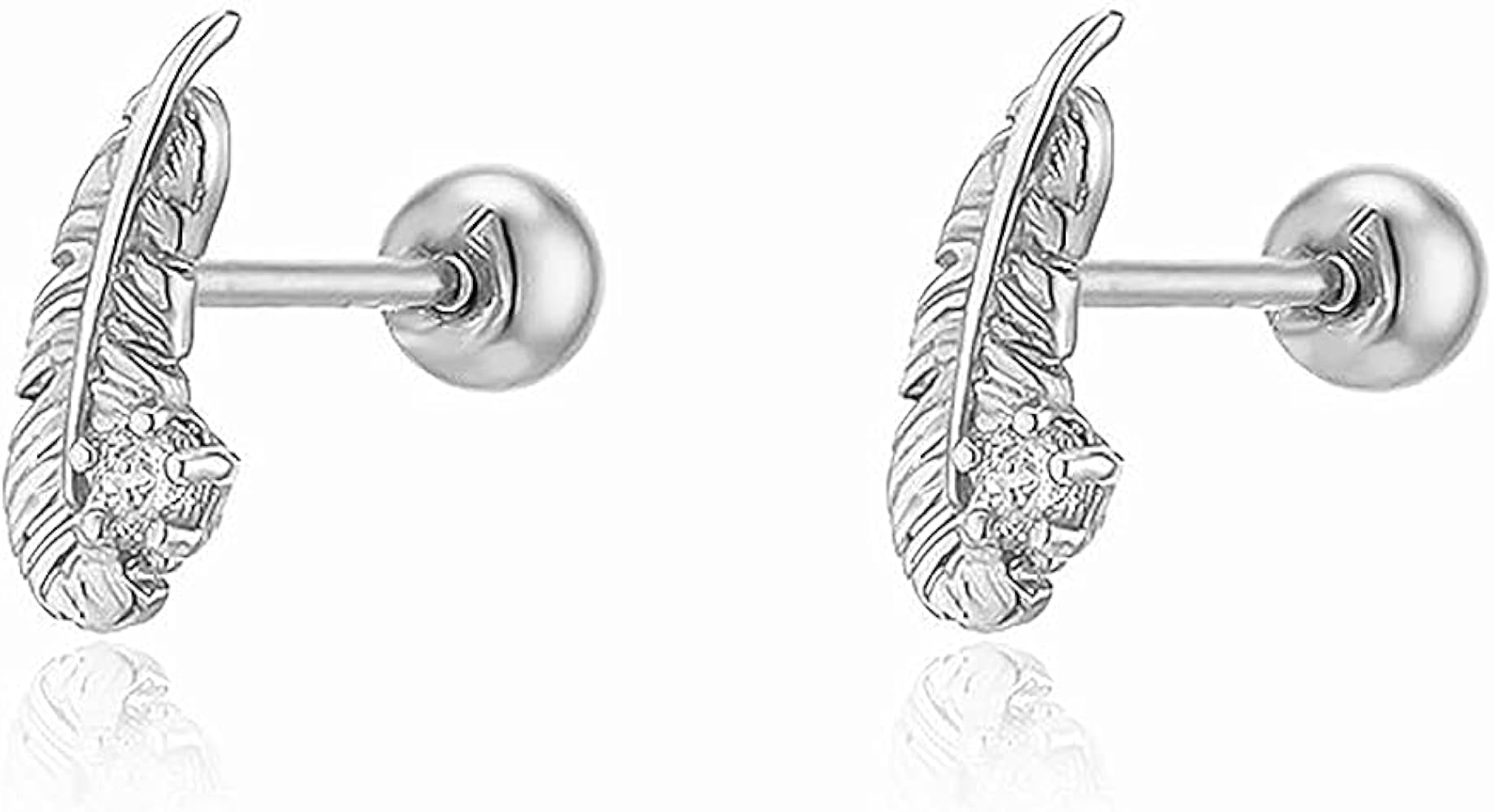 20g Feather Ball Cartilage Earrings for Women Girls S925 Sterling Silver Cubic Zirconia Hypoallergenic Mini Cute Small Crystal Leaf Studs Tragus Post Screw Back Earring Fashion Delicate Jewelry