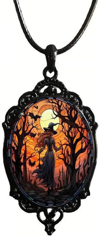 Halloween Theme Glass Pendant Necklace for Women Unique Gothic Raven Cross Bat Moon Forest Witch Cameo Necklace Pendent Mystery Wiccan Costume Party Jewelry