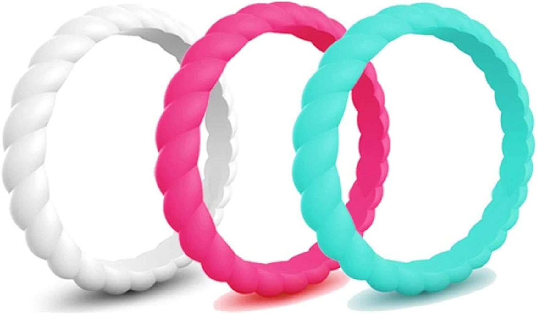 Caiyao 3 Pcs Silicone Wedding Ring Thin Rubber Wedding Bands Stackable Braided Ring Fashion Colorful Athletic Ring Sets Comfortable Fit Skin Safe Affordable Braided Silicone Wedding Bands for Women