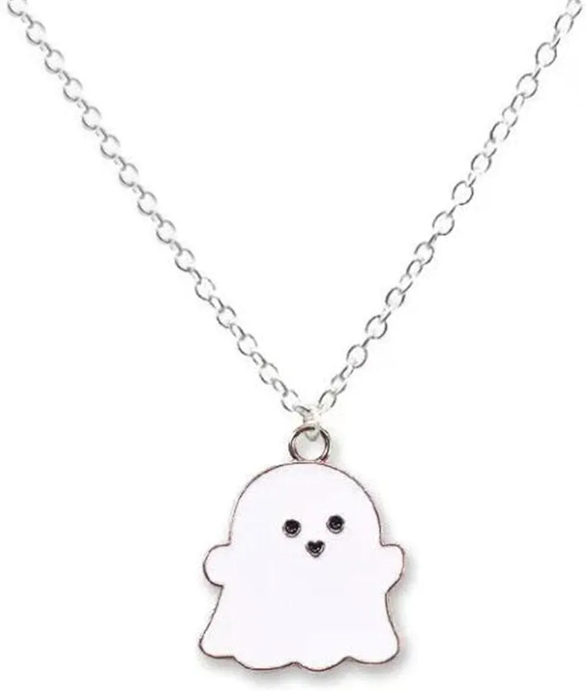 Black White Ghost Pendant Necklace, Lovely Ghost Enamel Charm Necklace for Women Girls Friendship Couple Memorial Jewelry Valentines Day Halloween Costume Deco, One-size