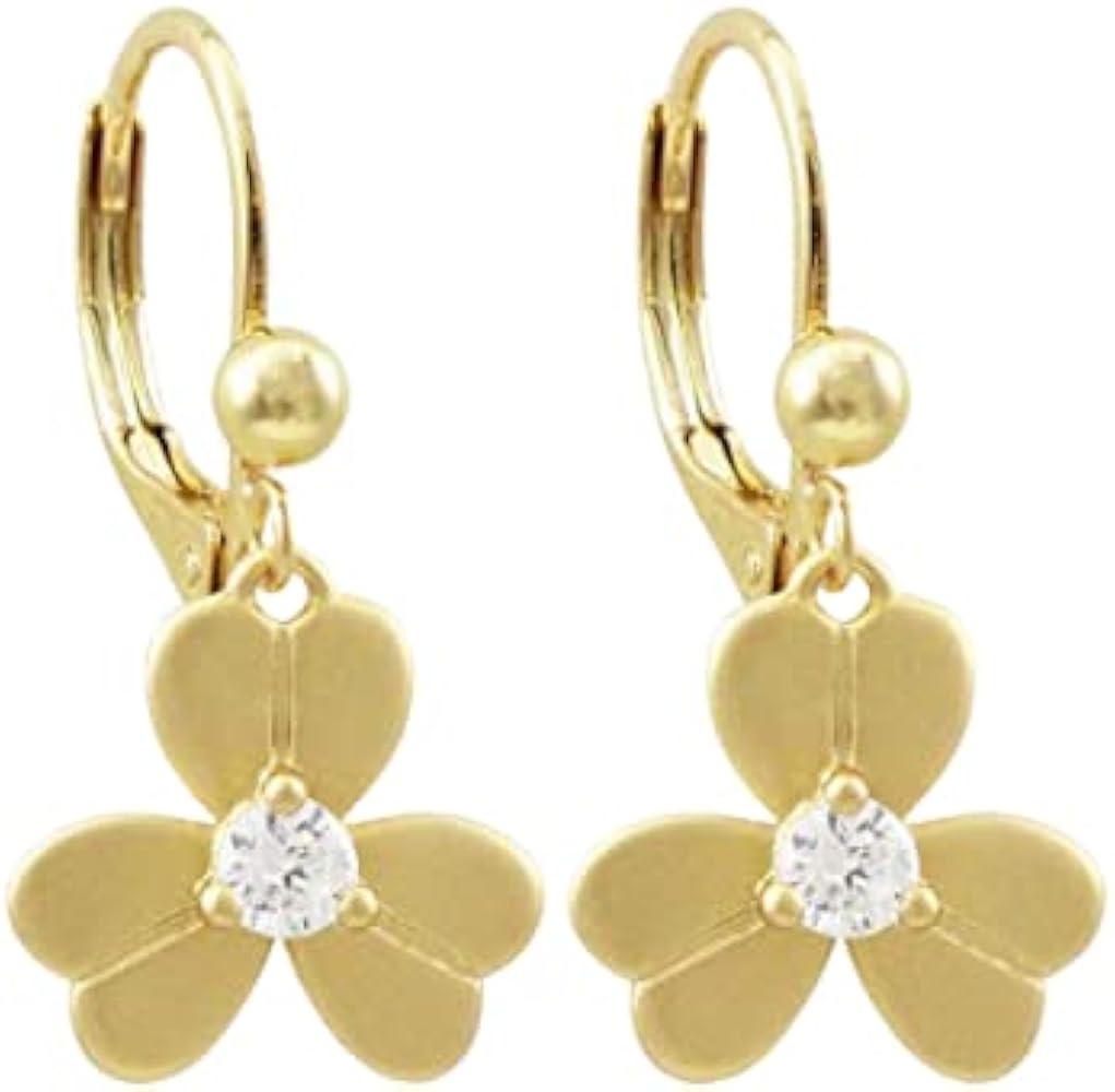 Gold Finish White Cubic Zirconia Girl's Dangling Flower Earrings