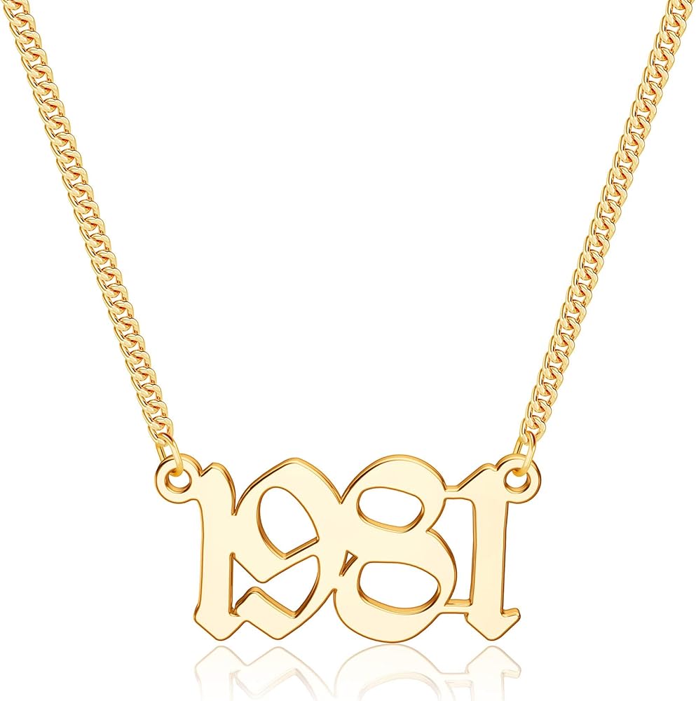 Birth Year Necklace for Women, 18K Gold Plated Birth Year Number Old English Pendant Necklace Jewelry Gifts for Best Friend Sister Mom Birthday Anniversary, 1970-2021