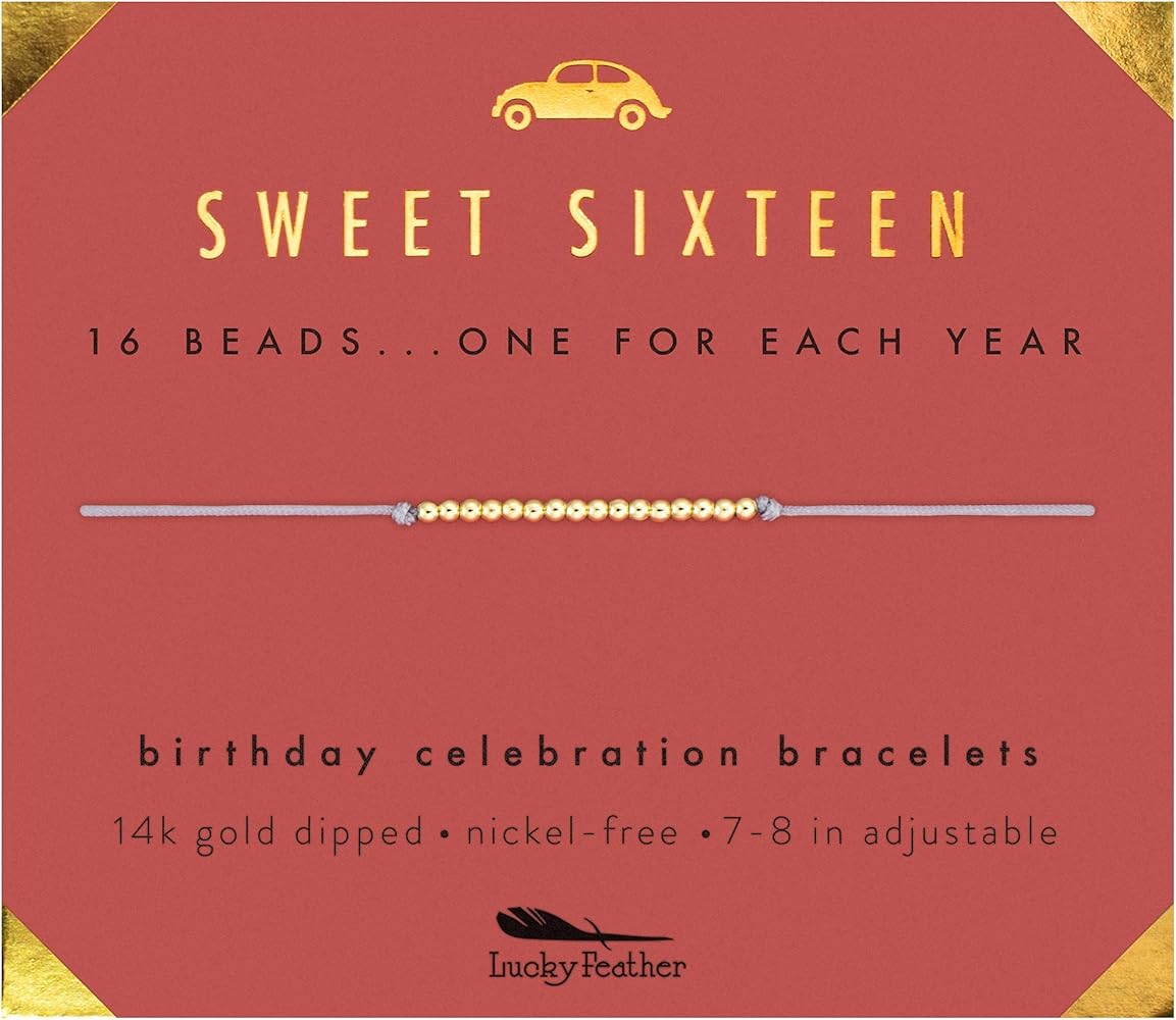 Lucky Feather Sweet 16 Gifts for Girls; 16th Birthday Bracelet Gift Idea for 16 Year Old Girls with 14K Gold Dipped Beads on Adjustable Cord