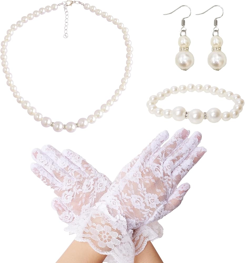 4 Pcs Pearl Necklace Bracelet Earrings Jewelry Sets and Short Lace Gloves Girls for Tea Party Sets Wedding Pageant Halloween Cosplay