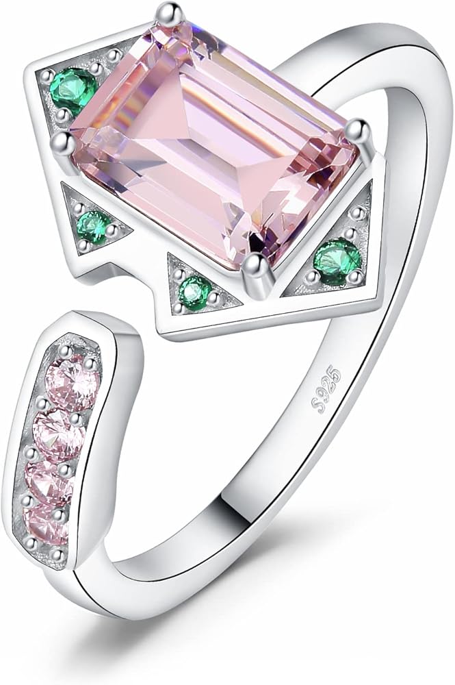 JewelryPalace Geometric Emerald Cut 2.8ct Pink Cubic Zirconia Rings for Women, Art Deco 14K White Gold 925 Sterling Silver Open Adjustable Ring for Girl, CZ Gemstone Jewelry Sets Rings