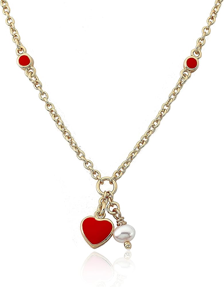 Girls' "I Love My Jewels" 14k Gold-Plated Red Enamel Heart and White Pearl Dangle Chain Pendant Necklace, 13.25" + 3" Extender