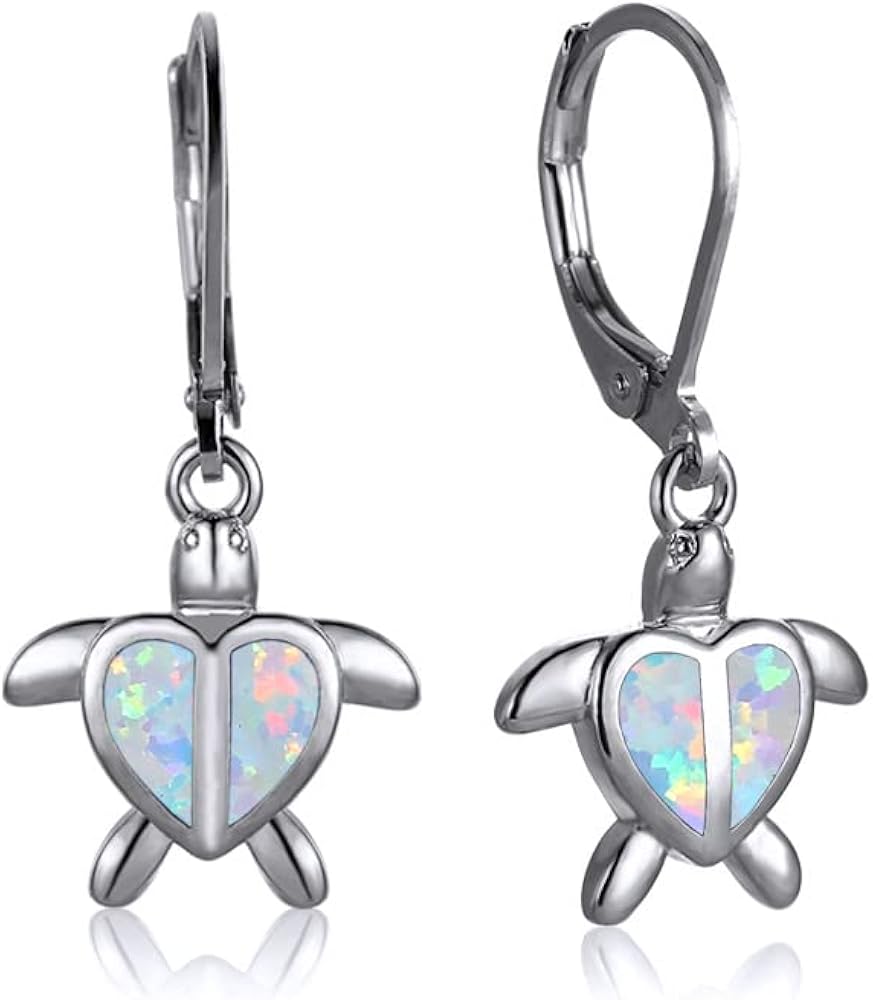 Cute Sea Turtle Dangle Leverback Earrings for Women Teen Girls Fire Opal Love Heart Drop Small Huggie Hoops Earring Fashion Valentine's Day Jewelry Gifts Birthday