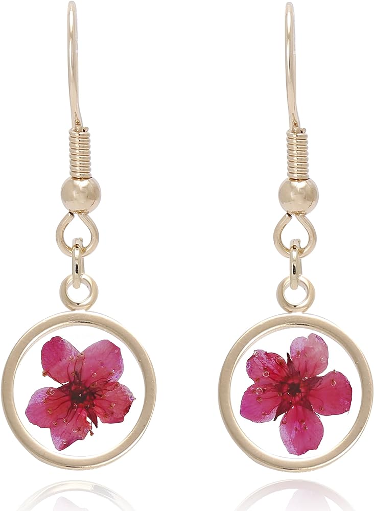 BONALUNA Pressed Flower Yellow Gold Plated Circle Dangle Drop Earrings