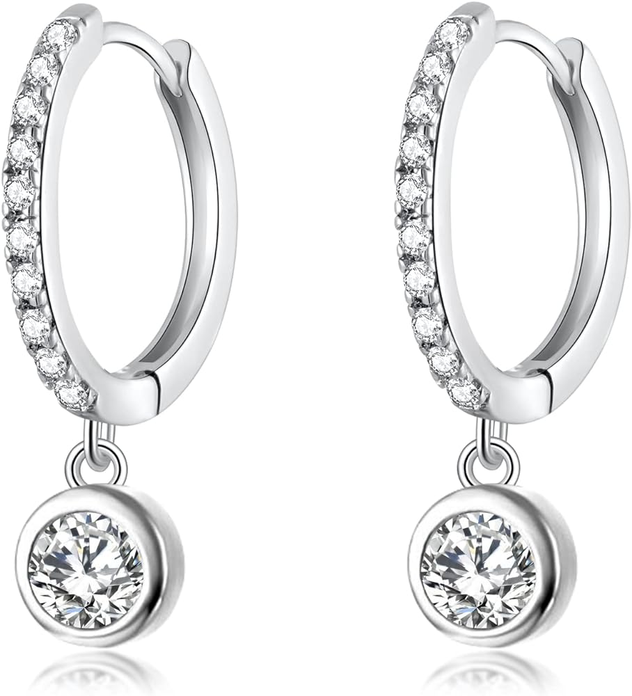 CiNily Small Dangle Hoop Earrings for Women Girls,14K White Gold Mini Huggie Hoop Earrings Hypoallergenic Diamond Drop Earrings Dainty Cute Cubic Zirconia Dangle Hoops Jewelry Gifts