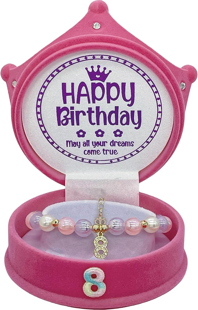 Girls 8th Birthday, 8 Year Old Birthday Bracelet Pink, 8th Birthday Crown Box, 8th Birthday Decorations for Girls, 8th Birthday Jewelry, Happy 8th Birthday Charm Bracelet for Girls