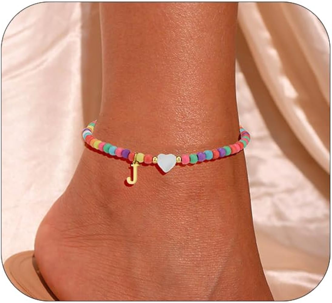 Gold Initial Ankle Bracelets for Women - Trendy Beaded Ankle Bracelets for Women Teen Girl, Heart Handmade Adjustable Foot Chain Anklet Summer Vacation Colorful Jewelry Gift