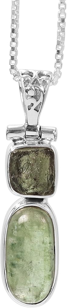 925 Sterling Silver Moldavite and Green Kyanite Pendant Necklace with 16+3 inches Box Chain for Women and Girls (Choose Your Style)