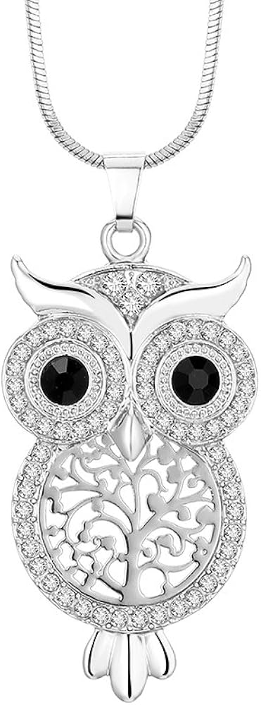 PJ Cute Owl Crystal Pendant Necklace for Women Girls - 1.57" Bird Tree Pendants Snake Chain Necklaces, Costume Animal Jewelry