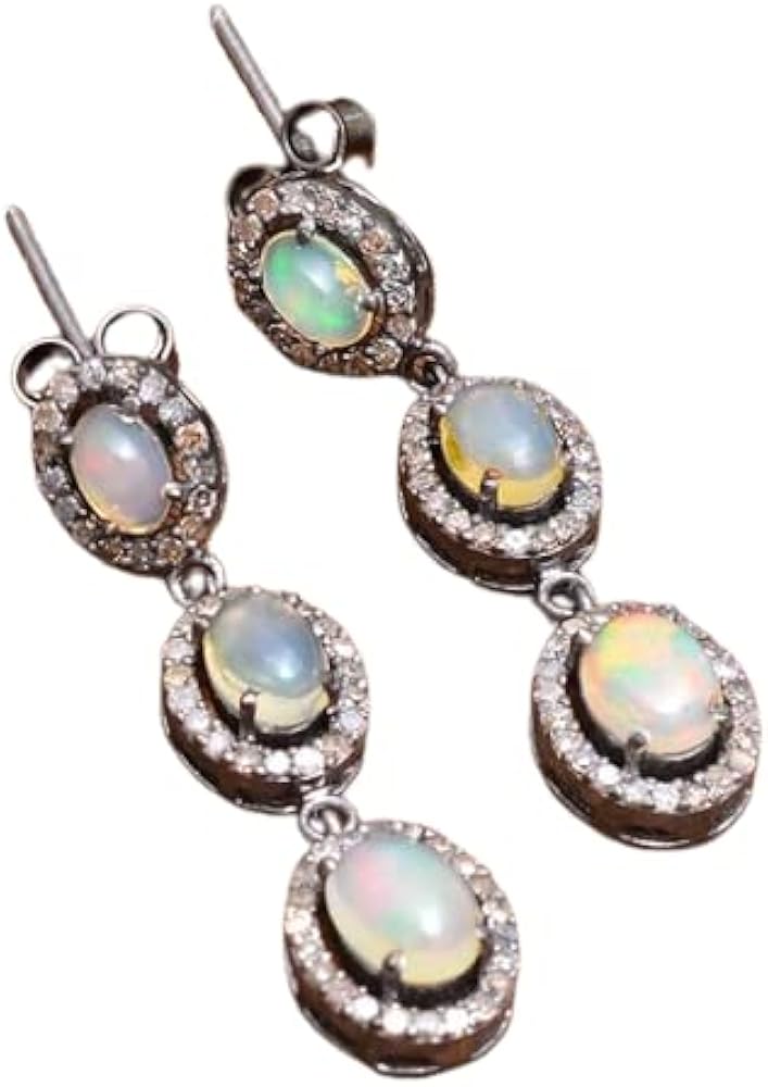 Handmade October Ethiopian Oval Opal with CZ Stud Earring 925 sterling Silver Gemstone jewelry