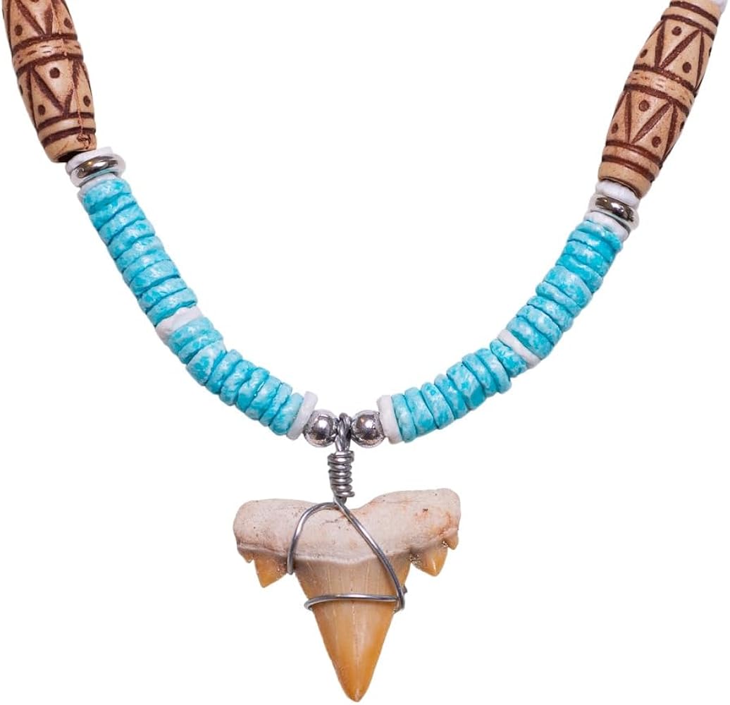 BlueRica Fossil Shark Tooth on Coconut & Shell Beads Necklace (18" 2S)