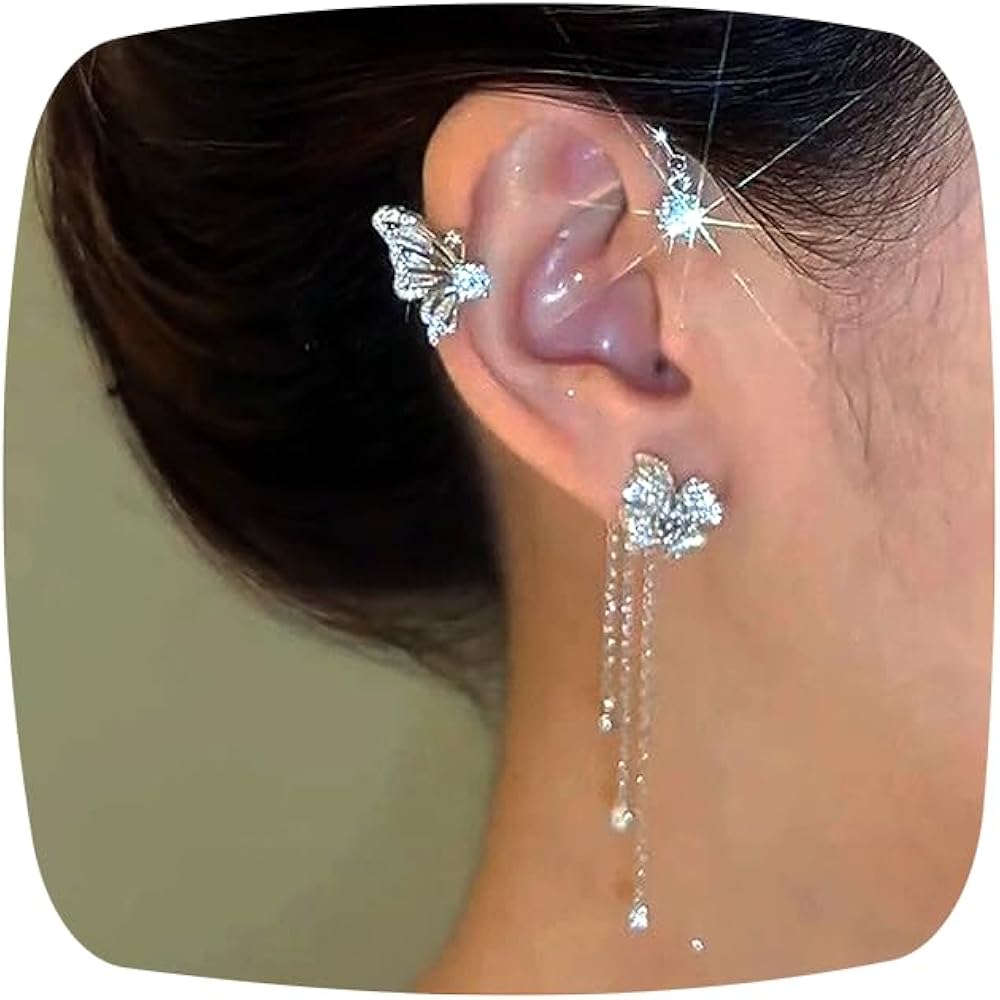 Butterfly EAR CUFF NON PIERCING Diamond Gorgeous Jewelry Dangle Earrings（ONE SIDE）