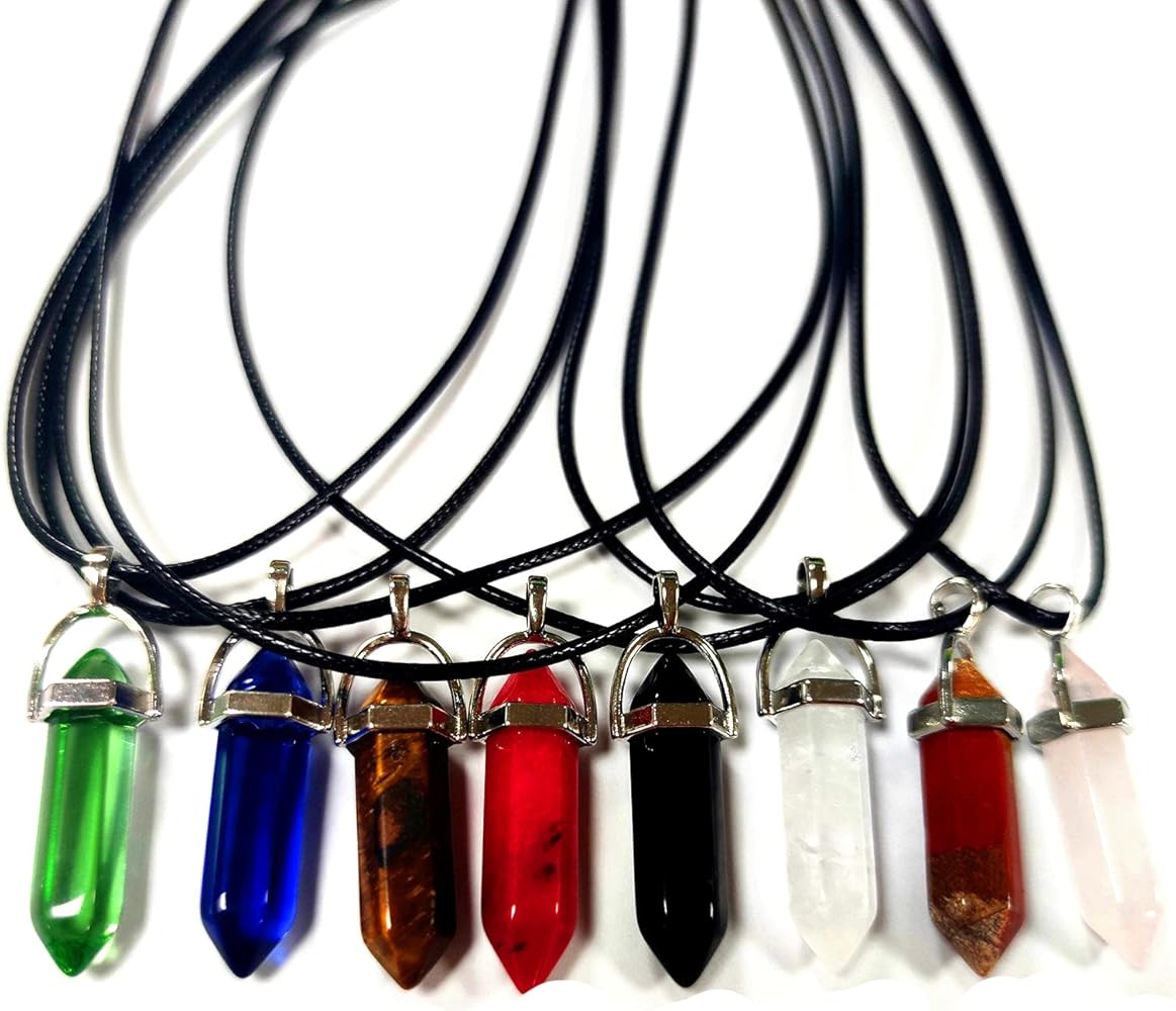 8 Pcs Colorful Natural Stone Healing Crystal Pendant Necklace Nature Hexagonal Aventurine Obsidian Opal Quartz Dangling Choker Jewelry