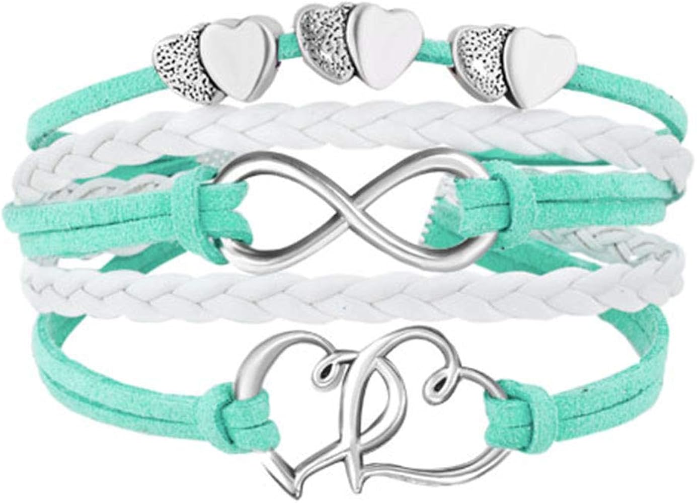 Leather Wrap Bracelets Girls Double Hearts Infinity Rope Wristband Bracelets Gifts (Green)