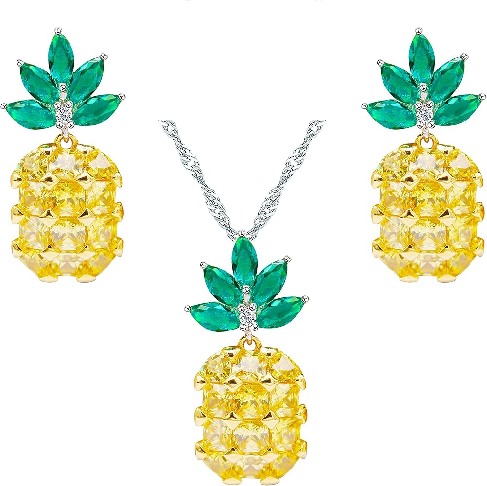 Uloveido Cute Pineapple Jewelry Set CZ Stone Fruit Necklace and Earrings PT001