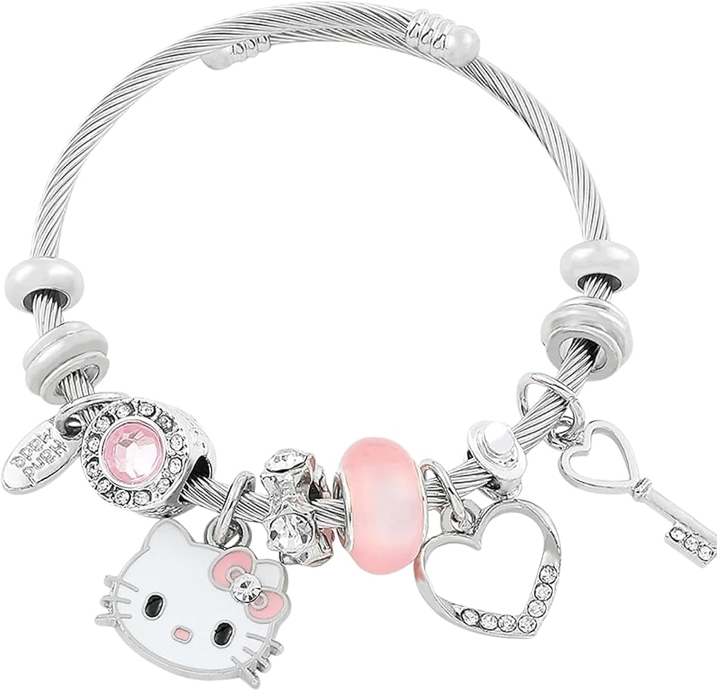 Womens Jewelry Gold Charm Bracelet Pandora Inspired Style w/Rose Silver Color 19CM Heart Charms, Bracelets Y2K, Hand Jewelry, Bracelet for Women-teens and kids