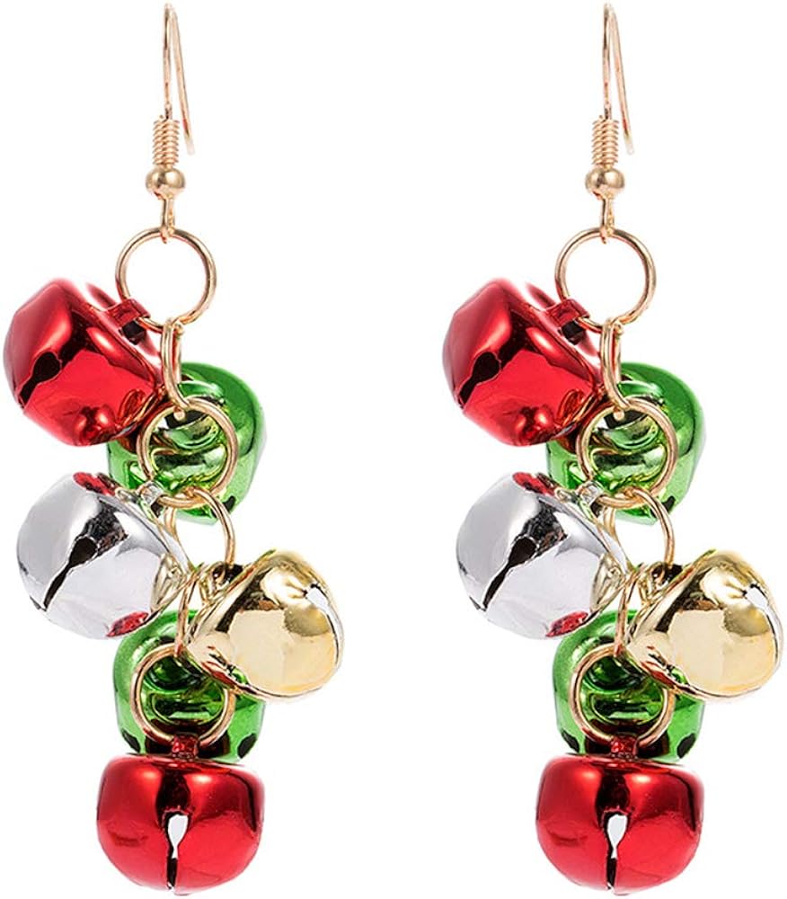 Colorful Christmas Jingle Bell Tinkle Bell Cute Ornament Chain Dangle Drop Earrings for Women Teen Girls Fish Hook Dangling Hanging Hypoallergenic Festival Party Jewelry Gift for Bff Daughter