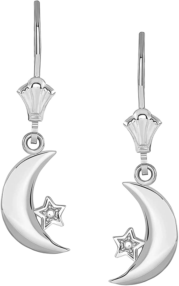 CRESCENT MOON AND STAR LEVERBACK EARRINGS IN 14K WHITE GOLD