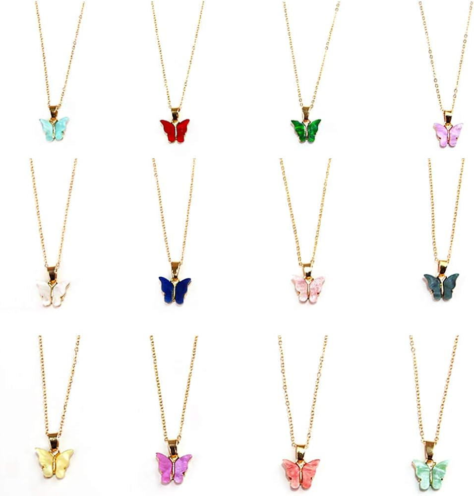 Butterfly Pendant Necklace Set, 4/8/12 PCS Acrylic Butterfly Chain Necklace, Cute Jewelry Gift for Woman and Girl (12PC Necklace Set)