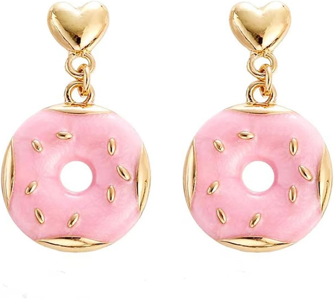 Pink Donut Earrings Gold Plated Funny Enamel Sweet Doughnut Simulated Dessert Cake Food Dangle Drop Earrings for Women Teen Girls Valentines Day Birthday Party Food Lover Trendy Jewelry Gifts