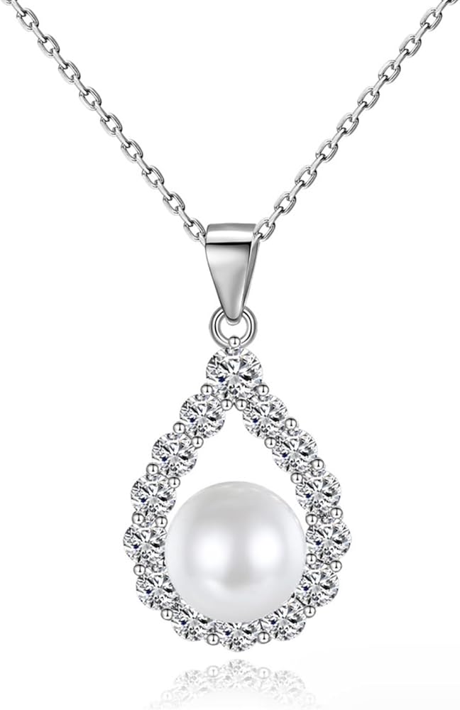 Teardrop Shaped Rhinestone Pearl Earrings Necklace Jewelry Sets | Dainty Cubic Zirconia Freshwater Cultured White Pearl Dangle Earrings | White Gold Plated Clear Swarovski Elements Crystal Teardrop Shaped Pendant Necklace Dangling Earrings Jewelry Set Fashion Jewelry for Women & Teen Girls