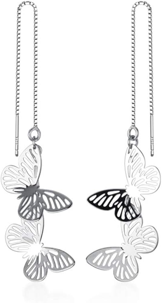 Couples Butterfly Threader Tassel Dangling Earrings Sterling Silver 925 for Teen Girls Women Dainty Eternity Love Long Chain Dangle Drop Wedding Earring Hypoallergenic Cute Jewelry