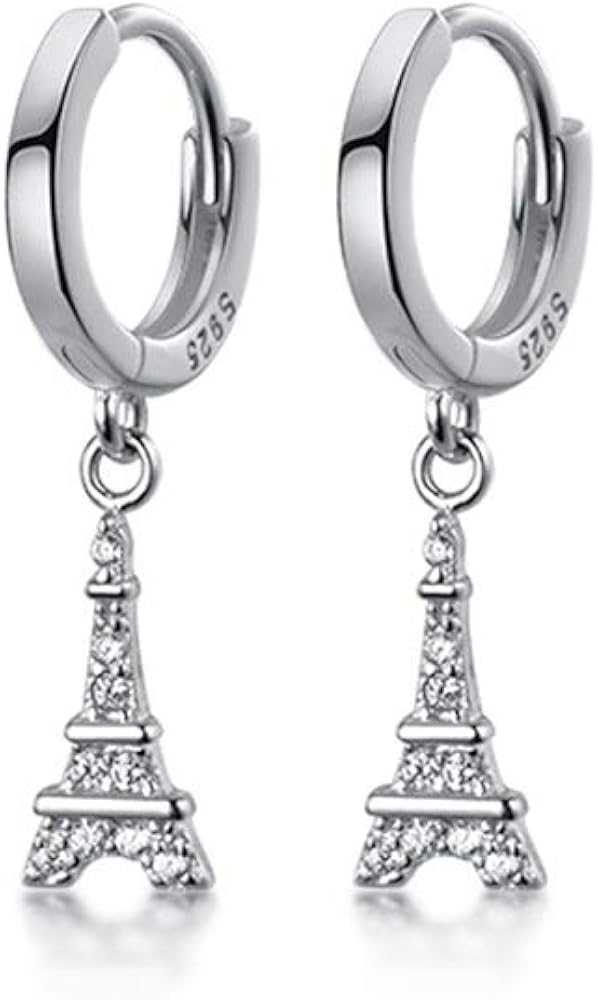 Fashion Eiffel Tower Dangle Drop Hoop Earrings S925 Sterling Silver Cubic Zirconia Crystal Dangling Charm Round Huggie Hoops Earring 10mm Studs Cute Jewelry Gifts for Women Girls Sensitive Ears