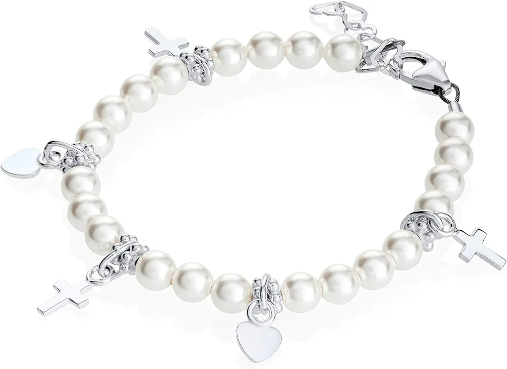 Sterling Silver Toddler Girl Charm Bracelet - with European Simulated Pearls and Silver Cross and Heart Charms - Best Baptism and Christening Gift for Girls