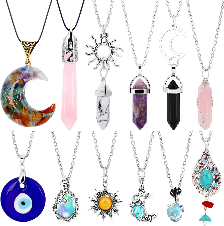 JULMELON 12 Pcs Crystal Pendant Necklaces, Healing Energy Hexagonal Gemstones Necklaces, Amethyst Rose Quartz Moon Sun Chakra Necklaces, Bohemian Retro Necklace Jewelry for Women Girls Gifts