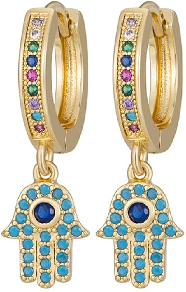 Hamsa Hand Drop/Dangle Huggie Earrings,Gold Plated Small Hoop Earrings with Charm | Lightweight | Multicolored Stones