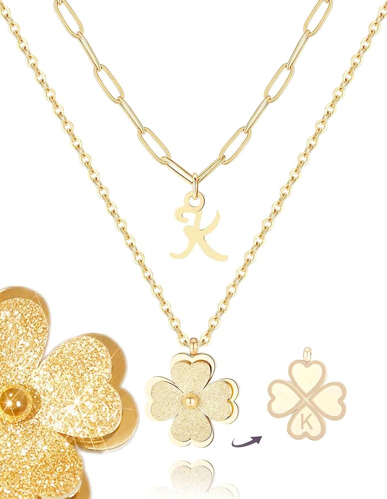 Non Tarnish Lucky Clover Initial Necklaces for Teen Girls Women, Layered Cute Letter Pendant Necklace 18K Gold Plated/Silver Stainless Steel Paperclip Chain Shamrock Jewelry Gifts