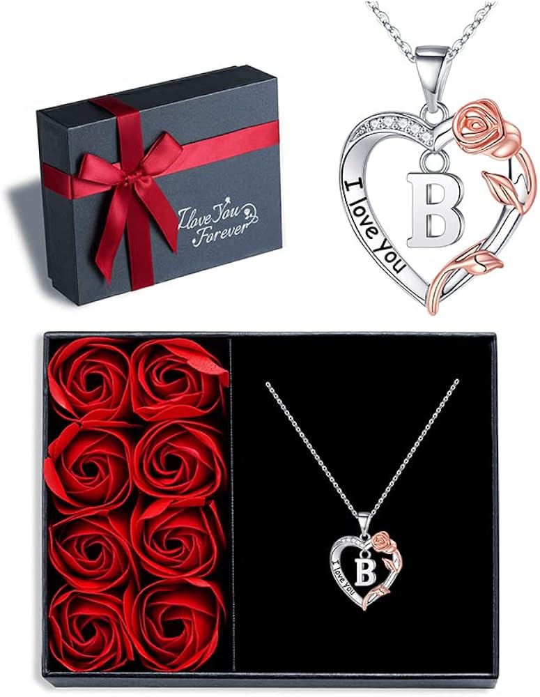 Rose Heart Initial Necklaces Gifts for Women Girls, I Love You Rose Love Heart Initial Letter Pendant Necklace Jewelry Mothers Day Anniversary Valentines Christmas Birthday Gifts for Women Girls