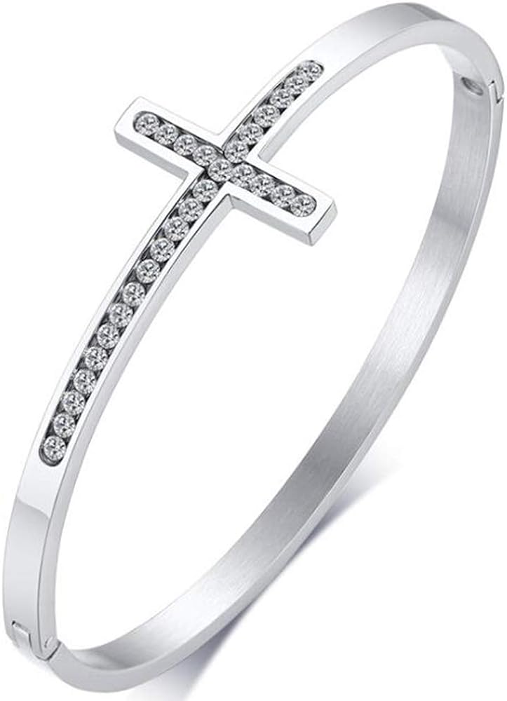 Jude Jewelers Stainless Steel Sideways Cross Christian Religious Bangle Bracelet