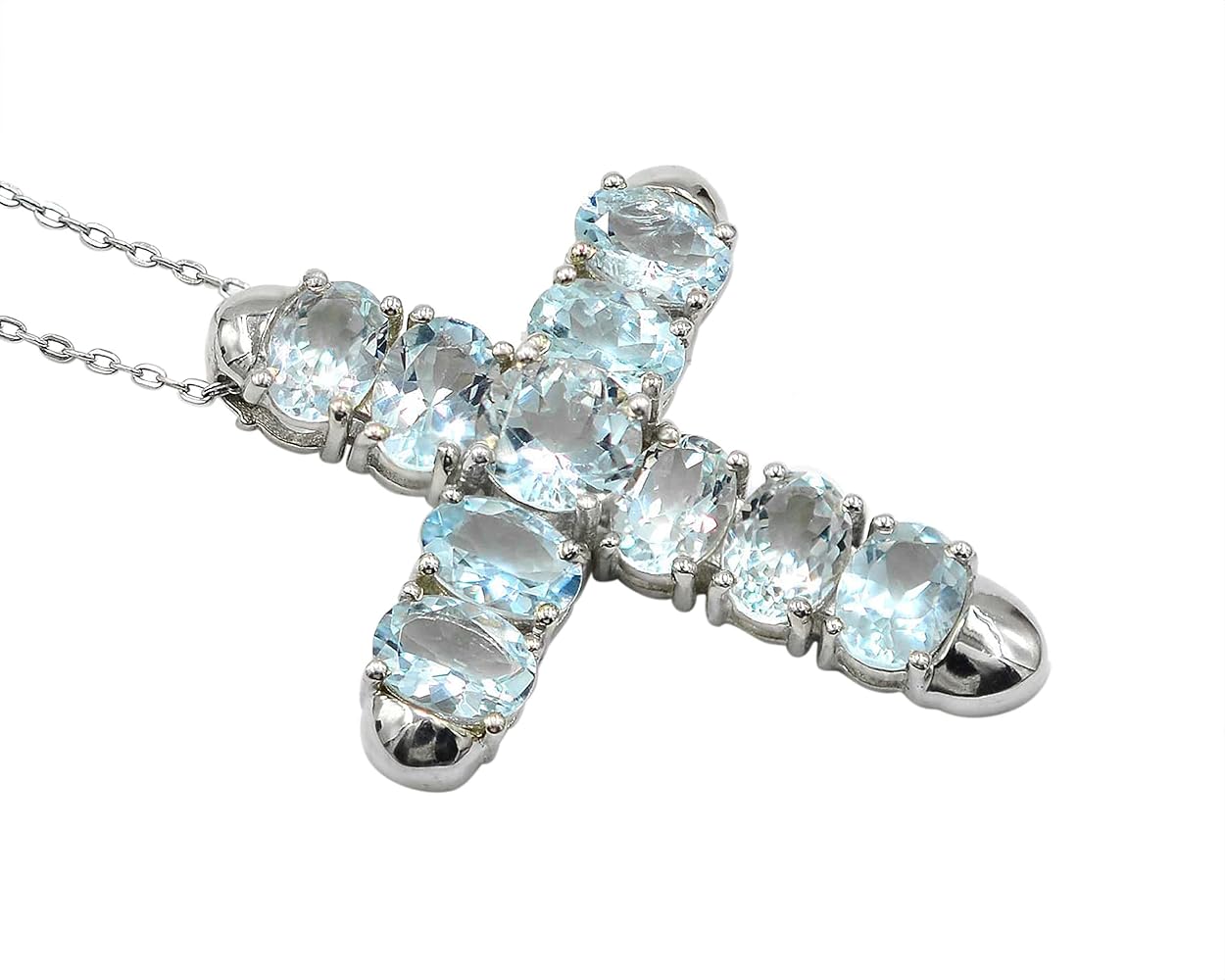 March Birthstone Natural Aquamarine 7X5 MM Oval Round Gemstone 925 Sterling Silver Holy Cross Pendant Necklace Aquamarine Wedding Jewelry Bridal Gift(PD-8316)