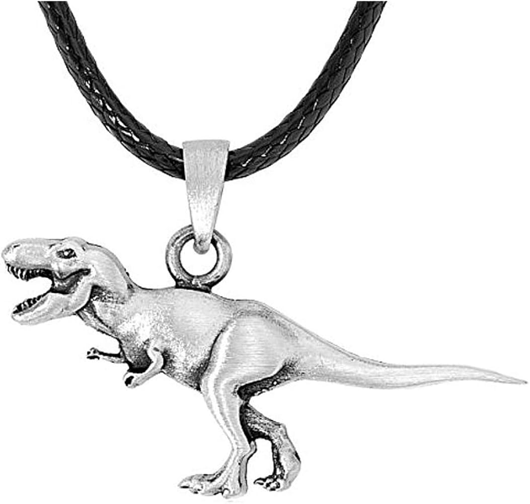 Antique Silver Plated Tyrannosaurus Dinosaur Pendant Necklace with Black Leather Chain Necklace