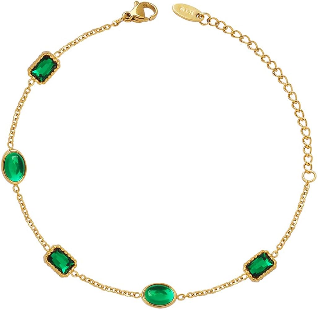 Gold Bracelet for Women, 18K Gold Plated Green Emerald Birthstone Dainty Bracelets Woman Girl Minimalist Charm Bracelet Gift for Birthday Anniversary 7.6"