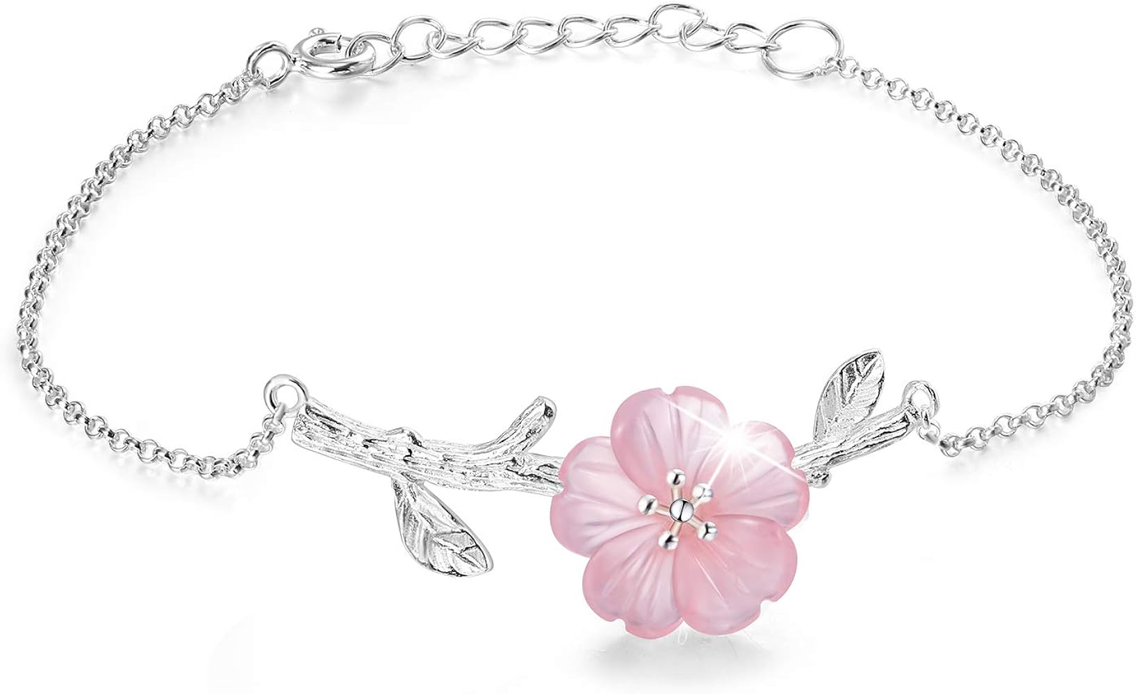 ♥Christmas Gifts♥925 Sterling Silver Bracelet Simulated Crystal Flower in the Rain Adjustable Cute Flower Bracelets with Chain length 6.5''-7.6'', Handmade Unique Jewelry Gift for Women and Girls