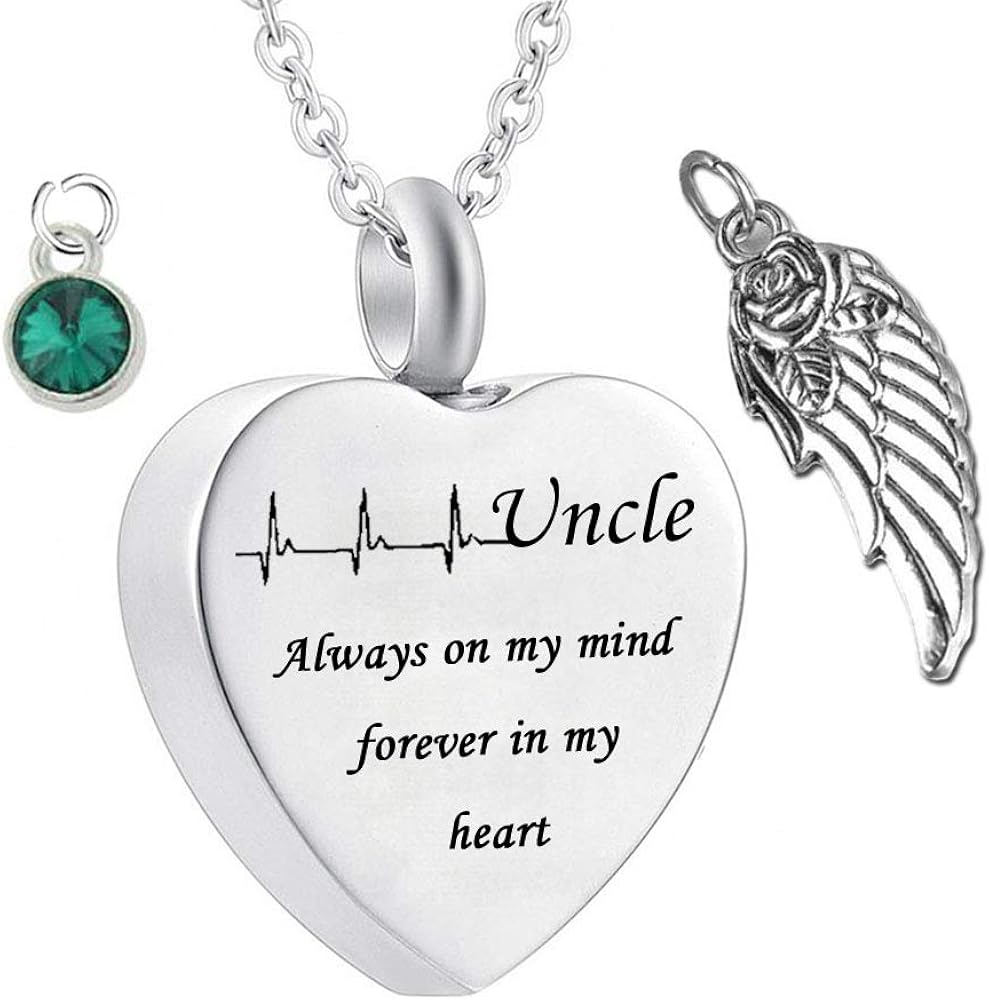 weikui Heart Cremation Urn Necklace for Ashes Urn Jewelry Memorial Pendant with Fill Kit - Always on My Mind Forever in My Heart for Uncle