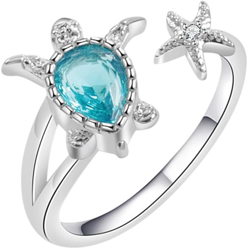 Sea Turtle Starfish Statement Ring Blue Cubic Zirconia Adjustable Open Crystal Sea Animals Pets Nature Ocean Ring Finger Band Eternity Wedding Engagement Cute Jewelry Gifts for Women Gifts Xmas